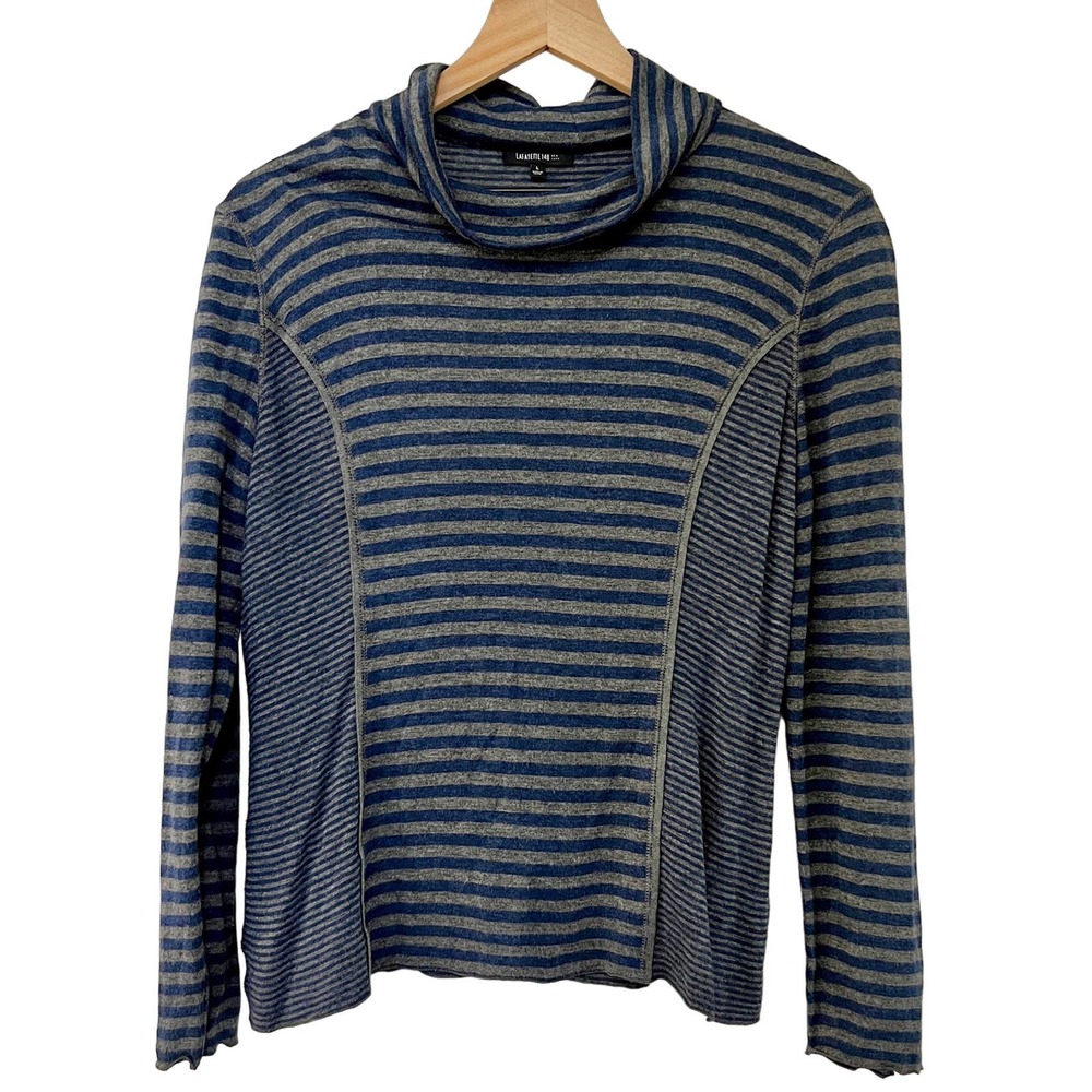 Lafayette 148 Women's Large Blue Gray Striped Cowl Neck Swing Top Long Sleeve